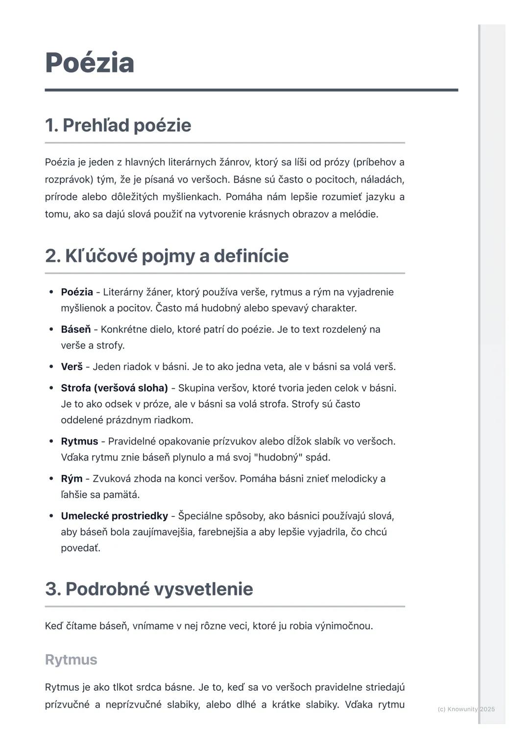 # Poézia

1. Prehľad poézie

Poézia je jeden z hlavných literárnych žánrov, ktorý sa líši od prózy (príbehov a
rozprávok) tým, že je písaná 
