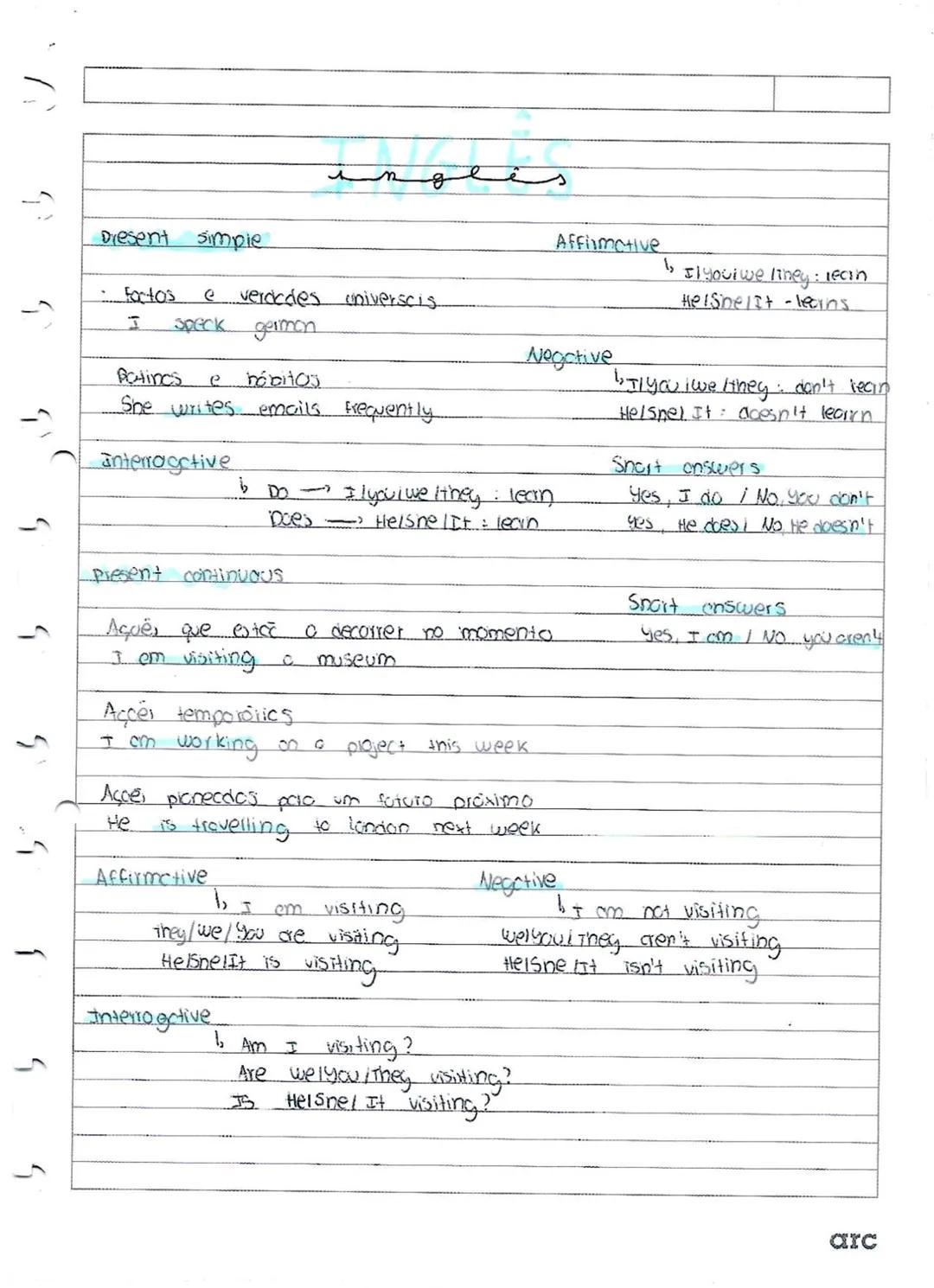 # INGLÊS

## Present simple

- Factos e verdades universais
I speak german

Acções e hábitos
She writes emails frequently

## Interrogative
