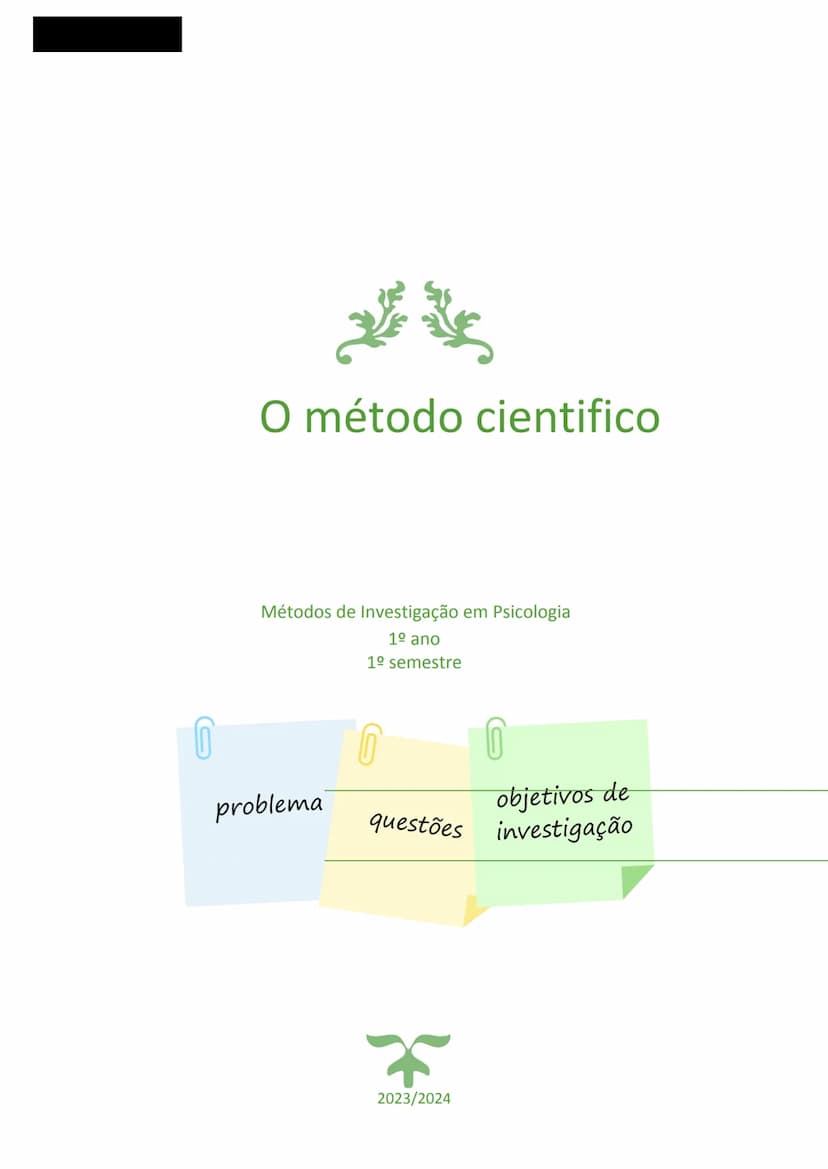 --- OCR Start ---
O método cientifico
Métodos de Investigação em Psicologia
1º ano
1º semestre
0
0
problema
questões
0
objetivos de
investig