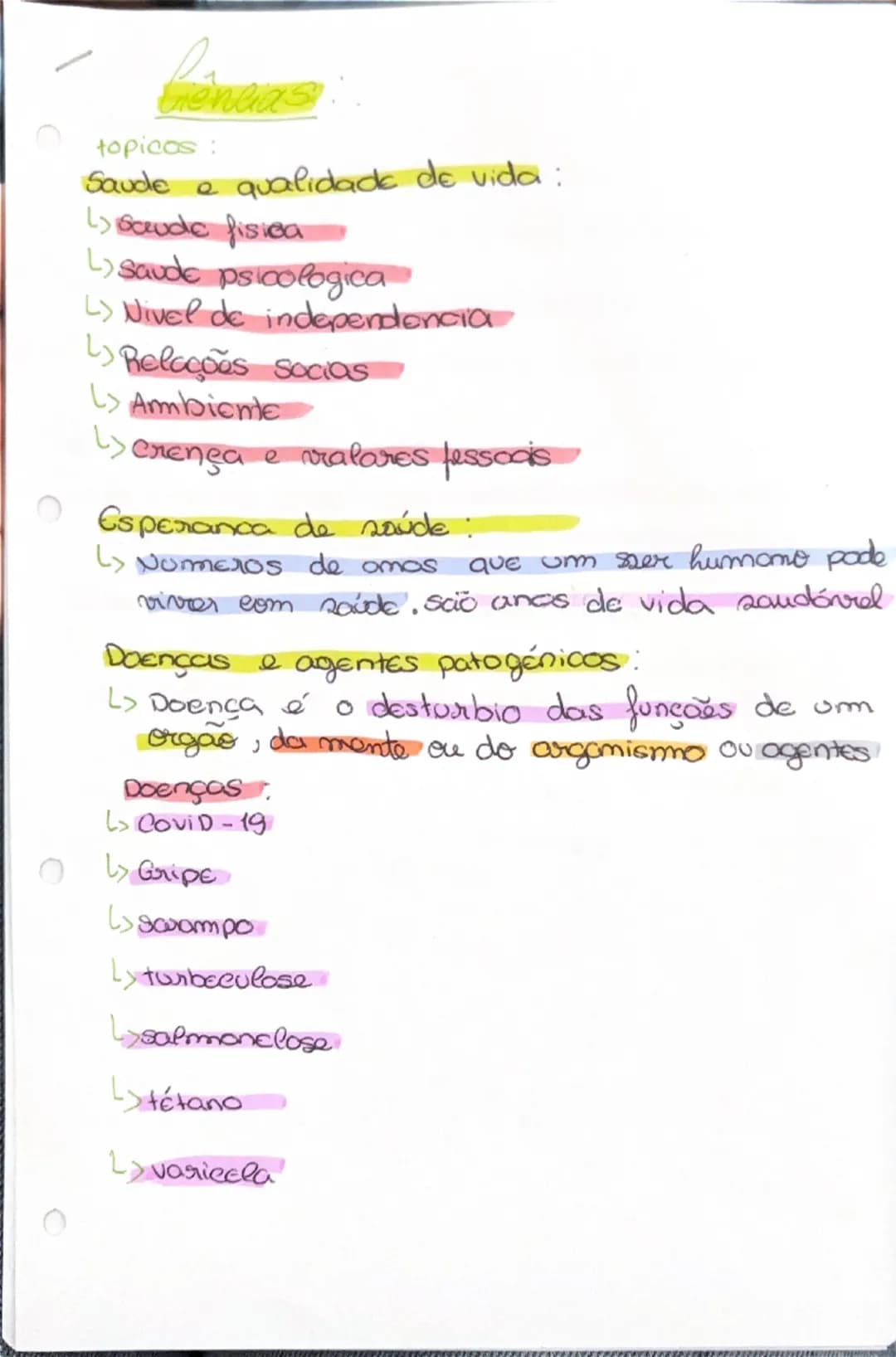 --- OCR Start ---
Ciências
topicos:
Saude e qualidade de vida :
↳ Gaude fisica
L) saude psicologica
> Nivel de independencia
Relações socias