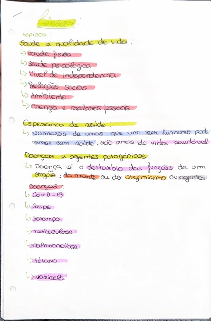 --- OCR Start ---
Ciências
topicos:
Saude e qualidade de vida :
↳ Gaude fisica
L) saude psicologica
> Nivel de independencia
Relações socias