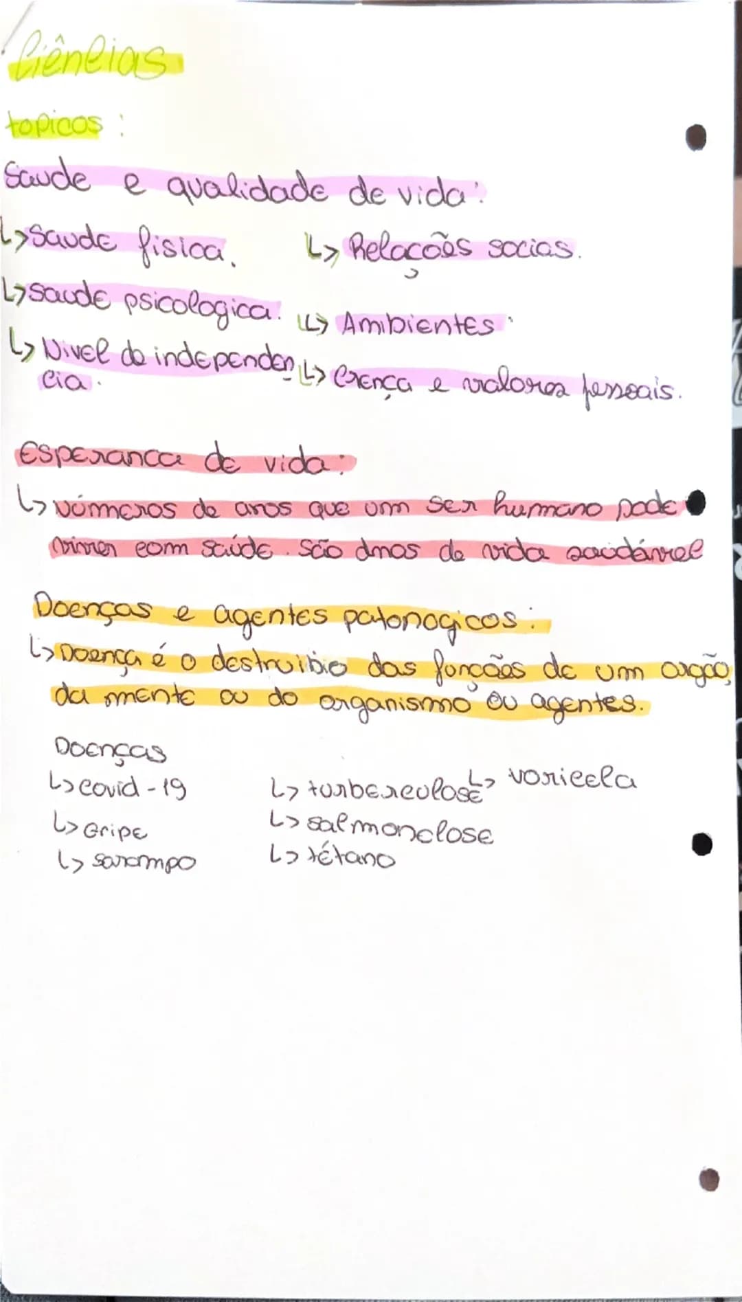 --- OCR Start ---
Ciências
topicos:
Saude e qualidade de vida :
↳ Gaude fisica
L) saude psicologica
> Nivel de independencia
Relações socias