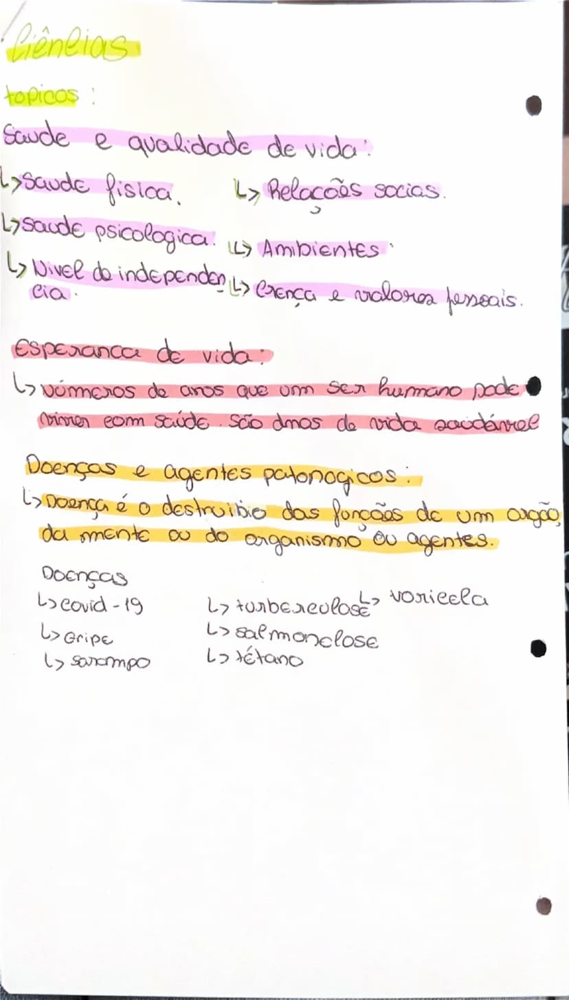 --- OCR Start ---
Ciências
topicos:
Saude e qualidade de vida :
↳ Gaude fisica
L) saude psicologica
> Nivel de independencia
Relações socias