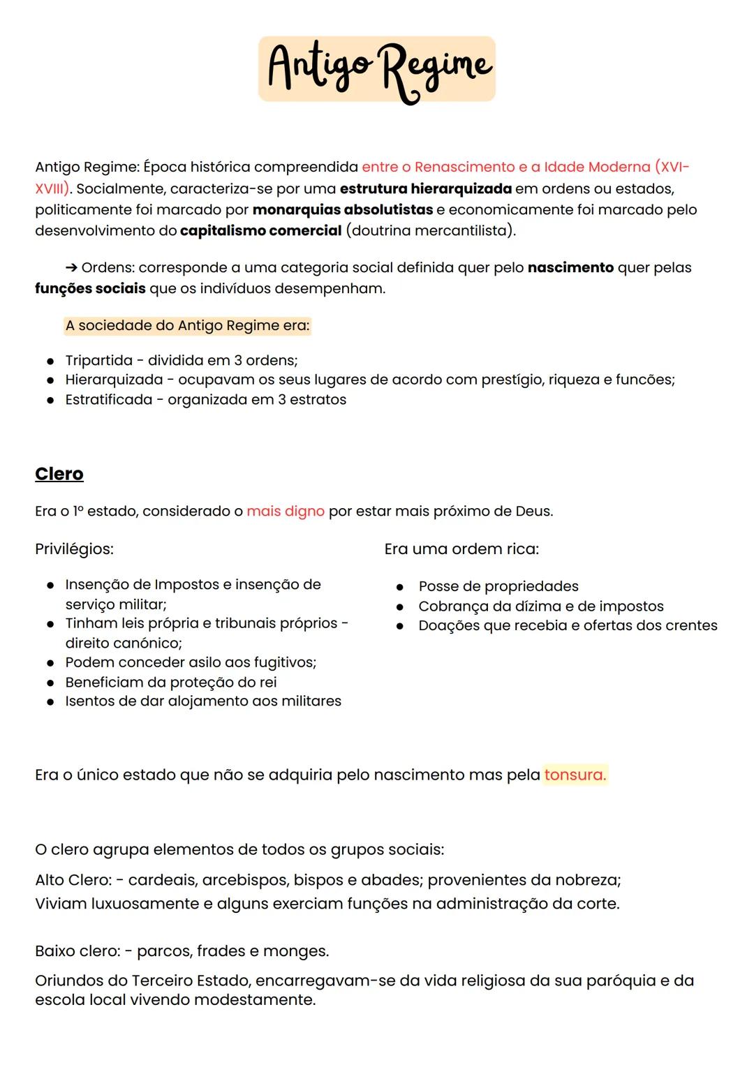 # Antigo Regime

Antigo Regime: Época histórica compreendida entre o Renascimento e a Idade Moderna (XVI-
XVIII). Socialmente, caracteriza-s