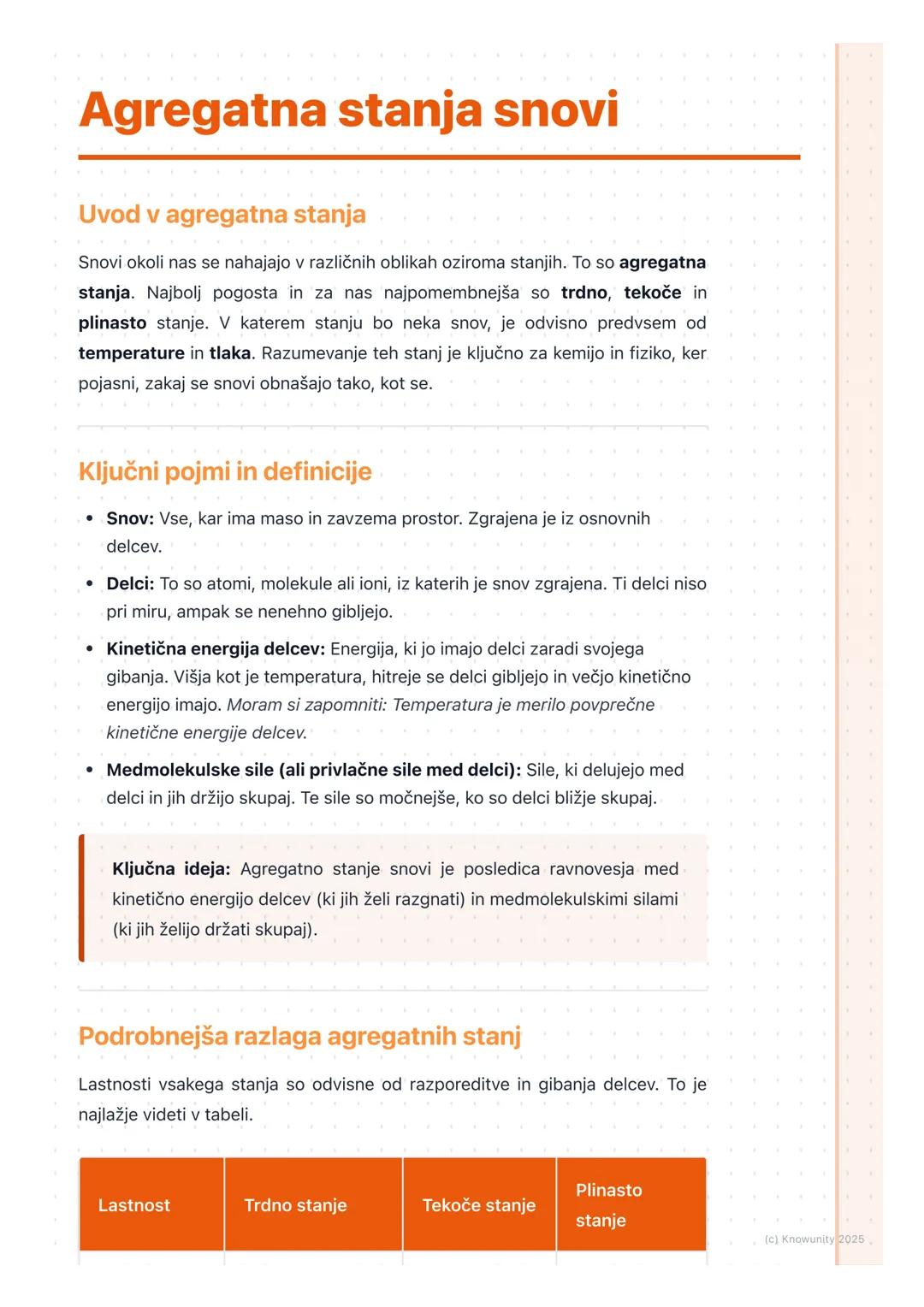 # Agregatna stanja snovi

Uvod v agregatna stanja

Snovi okoli nas se nahajajo v različnih oblikah oziroma stanjih. To so agregatna
stanja. 