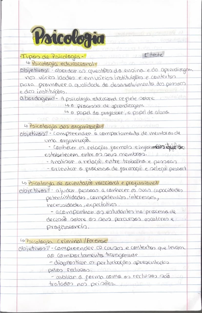 # Psicologia
-Tipos de Psicologia-
2 teste
- Psicologia educacional
Objetivos: abordar as questões do ensino e do aprendizagem
nos vários id