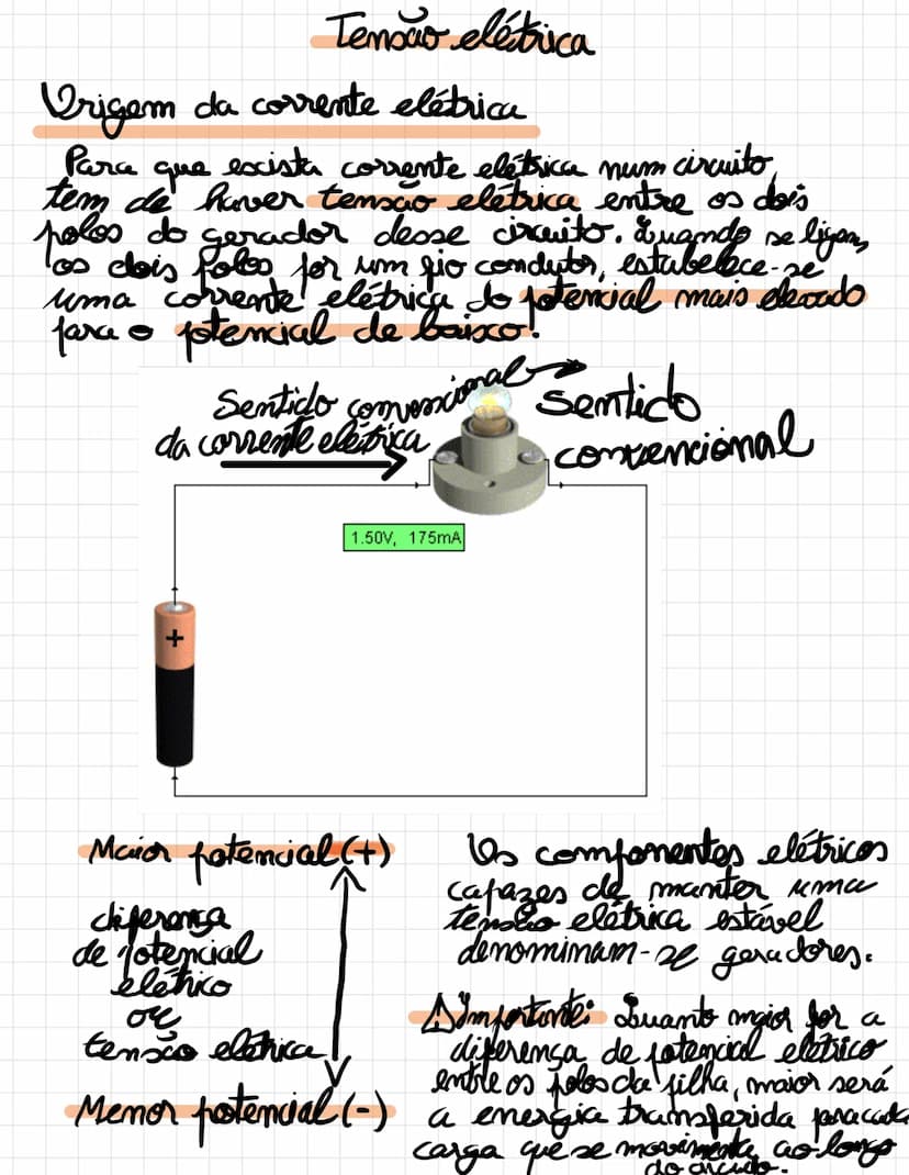 # Definição:

A tensão elétrica ou diferença de
potencial elétrico (d.d.p) corresponde
à energia que um gerador fornece
ao circuito por unid