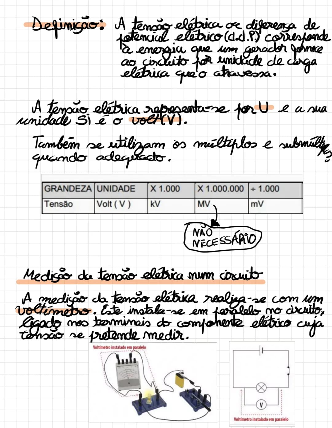 # Definição:

A tensão elétrica ou diferença de
potencial elétrico (d.d.p) corresponde
à energia que um gerador fornece
ao circuito por unid