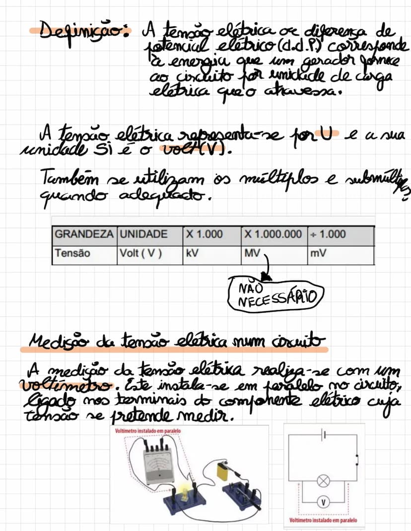 # Definição:

A tensão elétrica ou diferença de
potencial elétrico (d.d.p) corresponde
à energia que um gerador fornece
ao circuito por unid