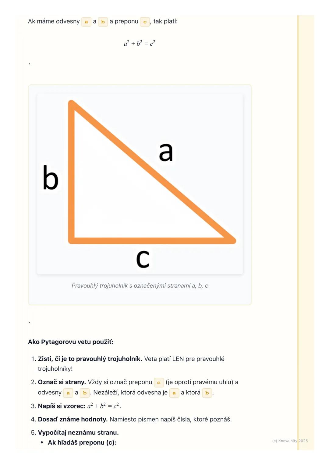 # Pytagorova veta

1. Prehľad a úvod

Pytagorova veta je super dôležitá vec v matematike, hlavne v geometrii.
Pomáha nám zistiť dĺžku strany