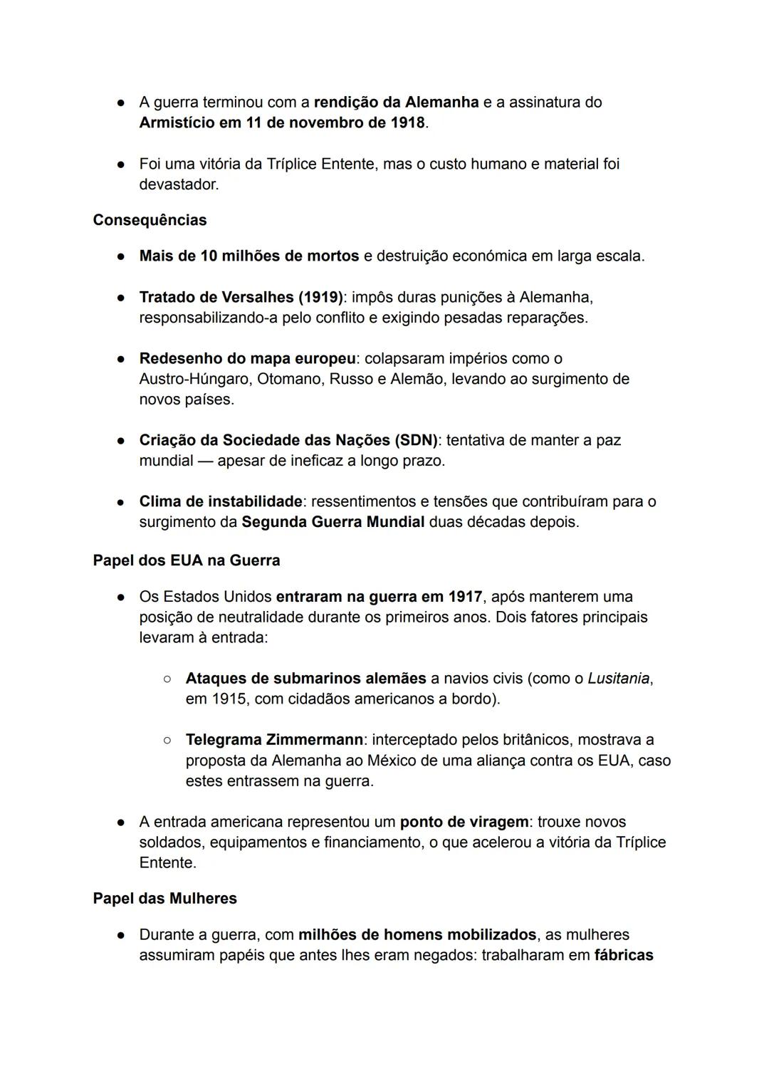Primeira Guerra Mundial (1914-1918)
Contexto e Alianças
A Primeira Guerra Mundial foi um conflito global de grandes proporções, com início
e