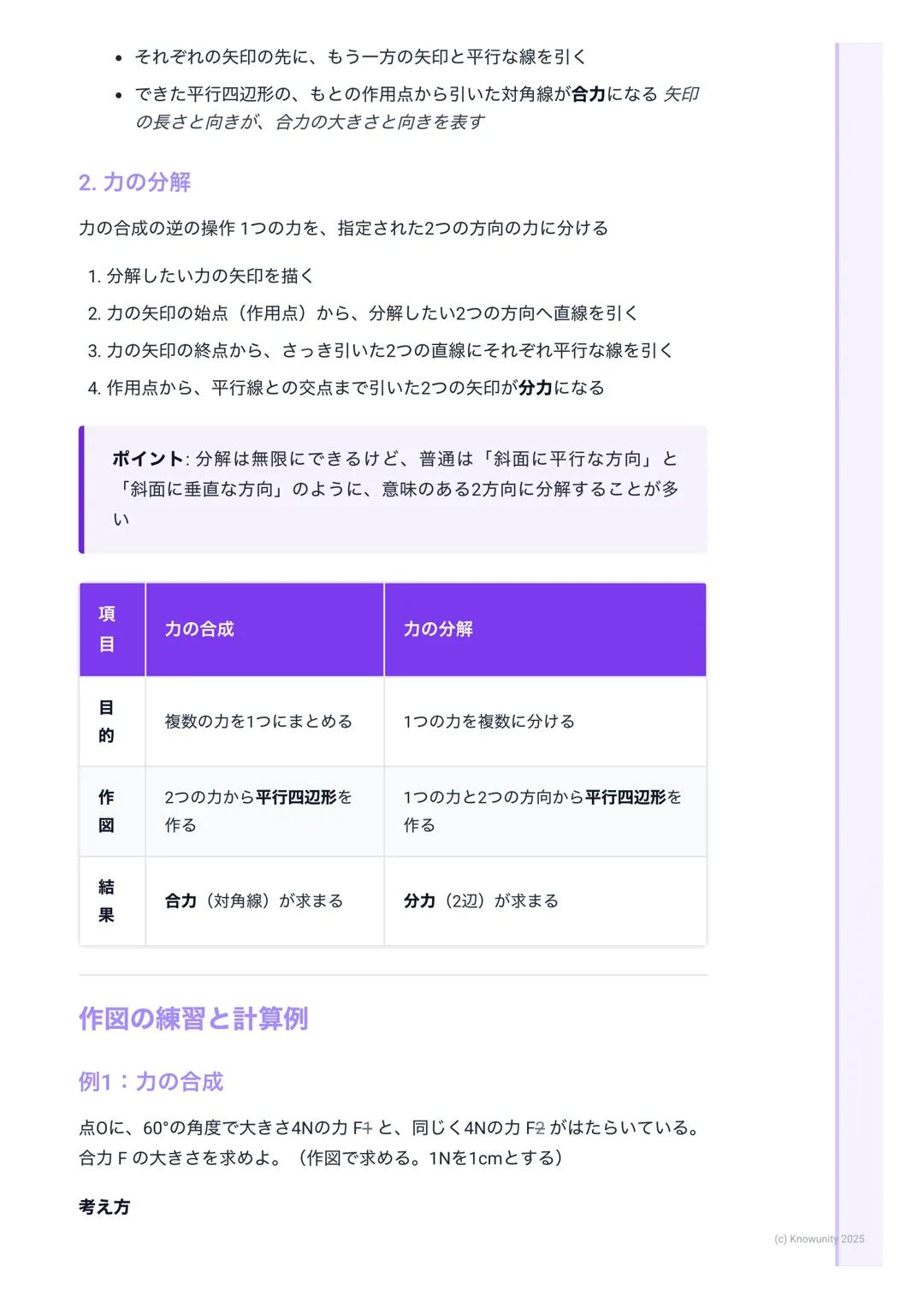 # 力の合成と分解

力の合成と分解の基本

物体に複数の力がはたらくとき、それらを1つの力とみなしたり (合成)、逆に
1つの力を複数の力に分けたり(分解) して考えると、運動の様子がわかりやす
くなる これは物理の基本だから、しっかり理解する必要がある

- 力の合成→ 複数