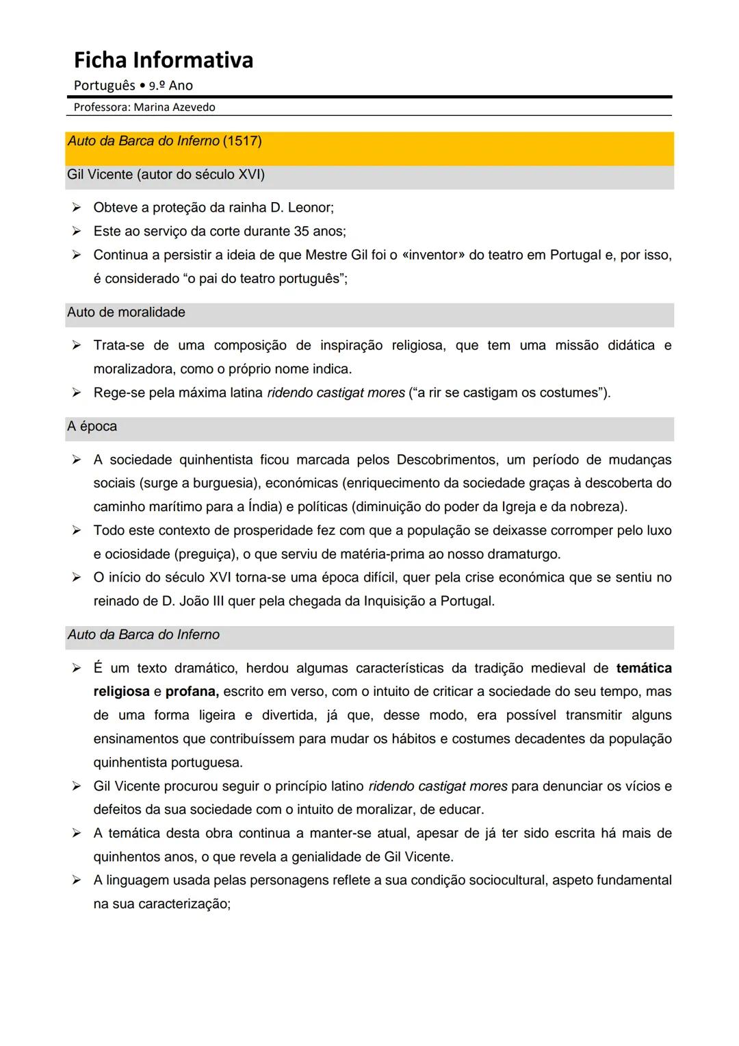 # Ficha Informativa

Português • 9.º Ano
Professora: Marina Azevedo

## Auto da Barca do Inferno (1517)

Gil Vicente (autor do século XVI)

