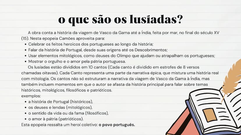 # Preparação para a prova final

# Lusíadas

9º ano o que são os lusíadas?
A obra conta a história da viagem de Vasco da Gama até a Índia, f