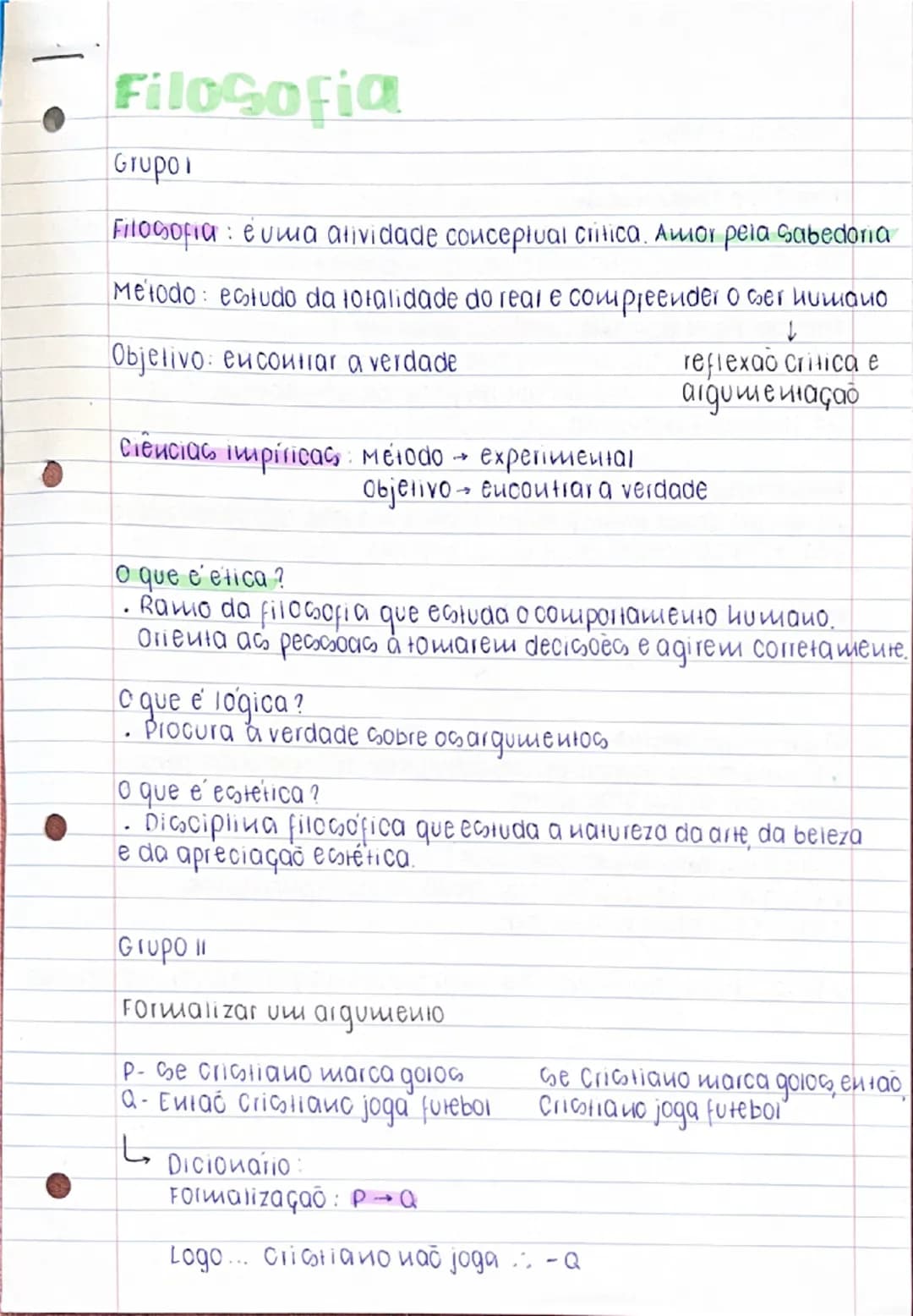 Filosofia
Grupor
Filosofia: euma atividade conceptual critica. Amor pela sabedoria
Metodo estudo da totalidade do real e compreender o ser h