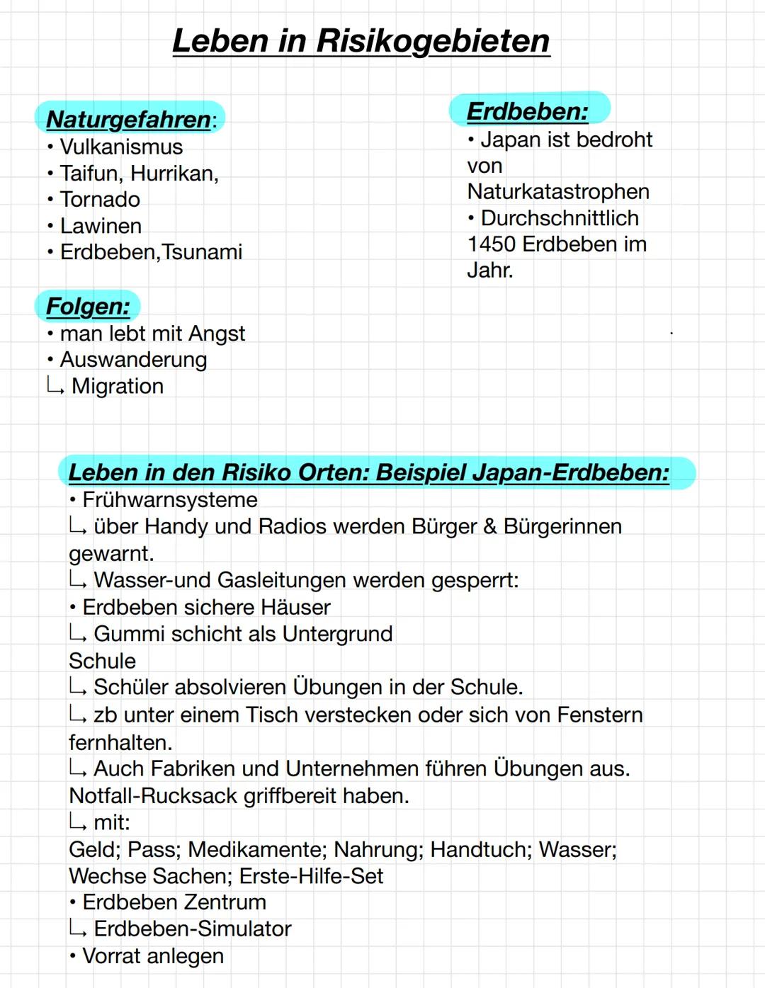 # Leben in Risikogebieten

Naturgefahren:
* Vulkanismus
* Taifun, Hurrikan,
* Tornado
* Lawinen
* Erdbeben, Tsunami

Folgen:
* man lebt mit 