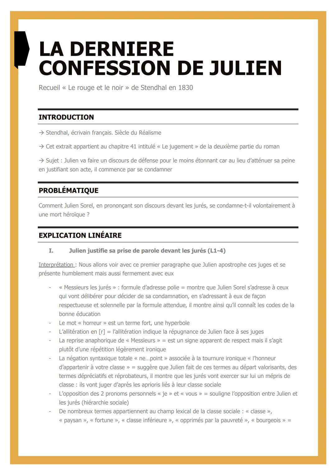 # LA DERNIERE
# CONFESSION DE JULIEN
Recueil <<< Le rouge et le noir >>> de Stendhal en 1830

INTRODUCTION

→ Stendhal, écrivain français. S