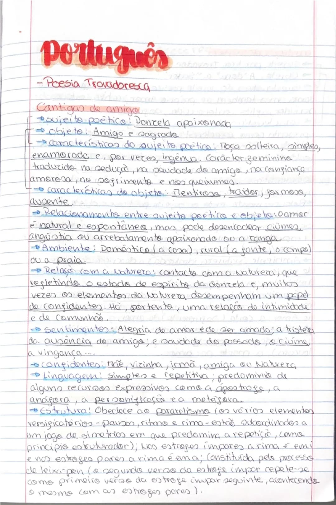 --- OCR Start ---
Português
-Poesia Trovadoresca
Cantigas de amigo
-sujeito poètico: Donzela apaixonada
-objeto! Amigo e sagrade
característ