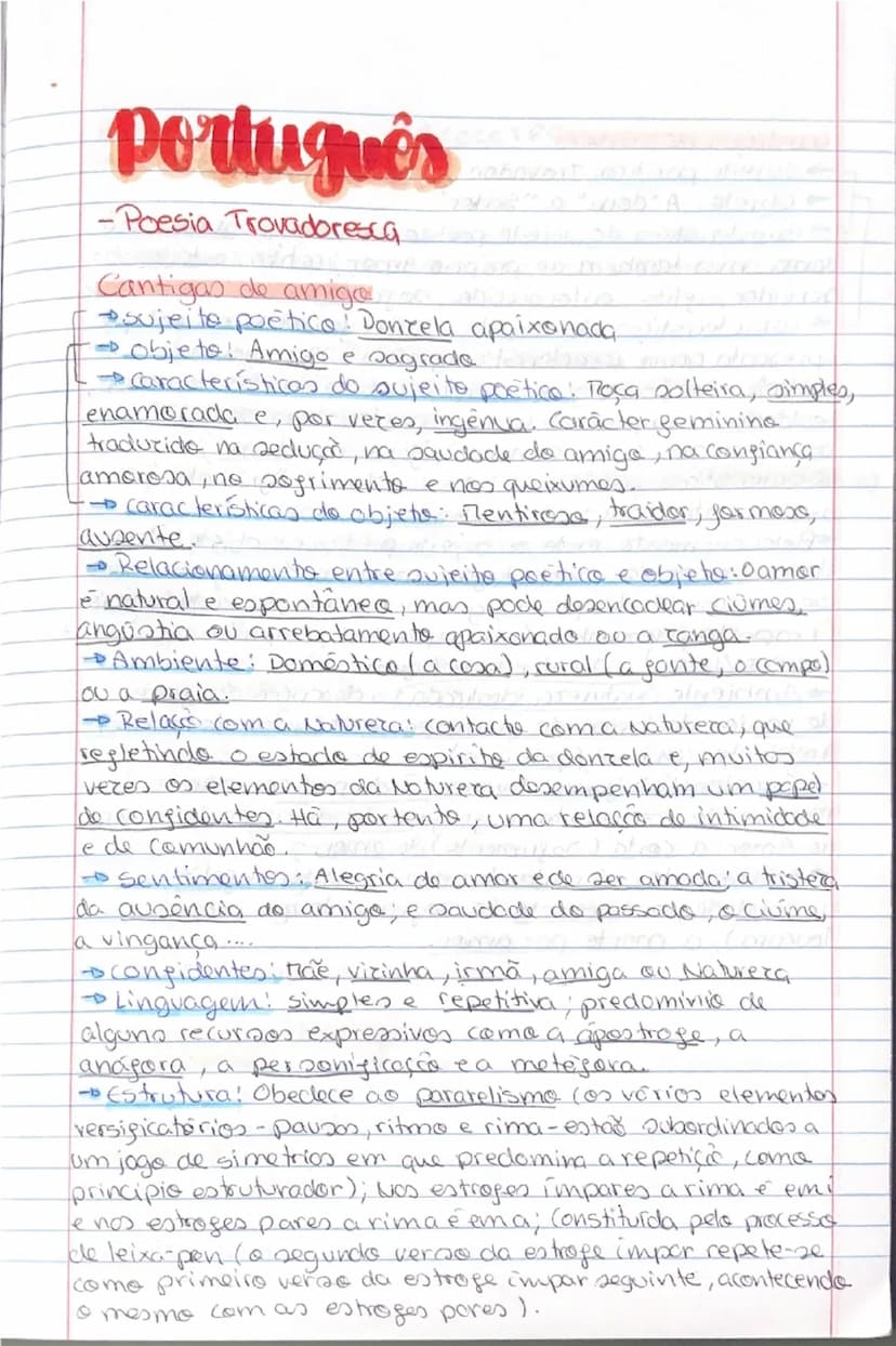 --- OCR Start ---
Português
-Poesia Trovadoresca
Cantigas de amigo
-sujeito poètico: Donzela apaixonada
-objeto! Amigo e sagrade
característ