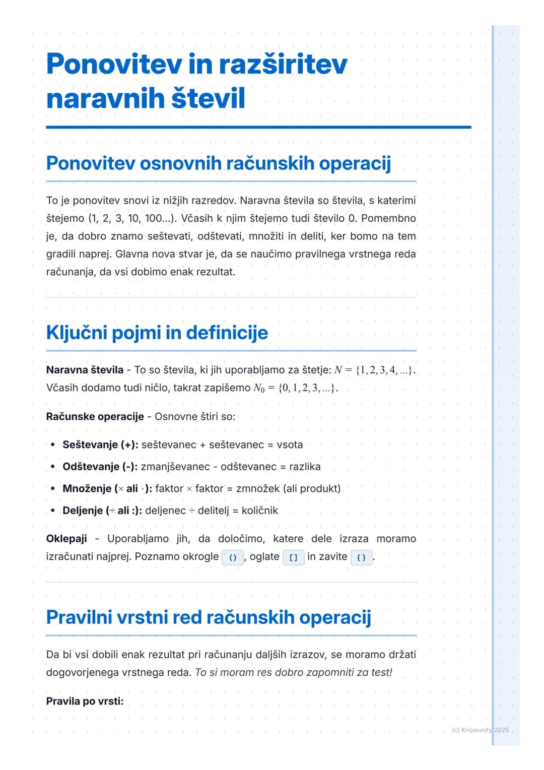 # Ponovitev in razširitev
naravnih števil

Ponovitev osnovnih računskih operacij

To je ponovitev snovi iz nižjih razredov. Naravna števila 