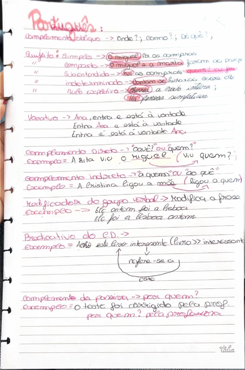 # Português:
complemento oblíquo -> onde?; como?; de quê?

Sujeito: simples -> *o miguel* foi as compras
		composto -> *o miguel e a maria* 