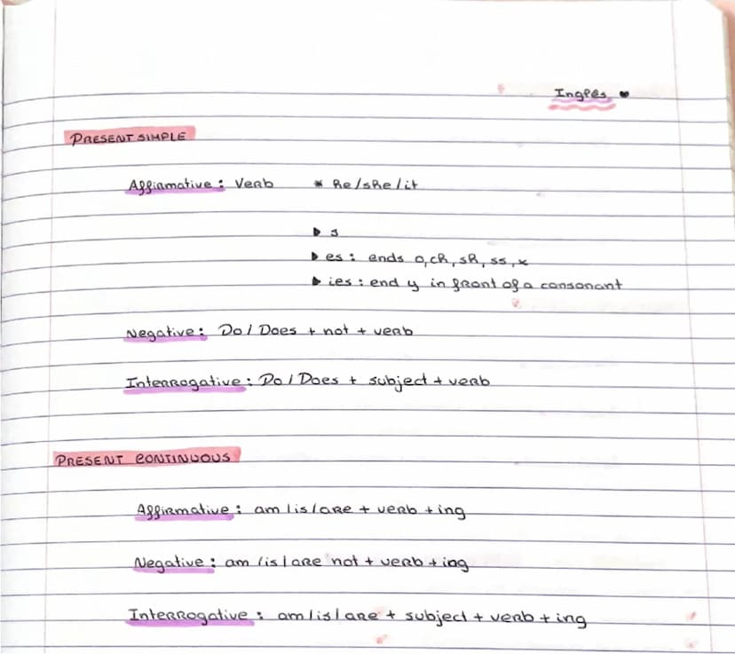# PRESENT SIMPLE
Affirmative: Verb  *Re/she/it

▷ s
▷ es: ends o, ch, sh, ss, x
▷ ies: end y in front of a consonant

Negative: Do/Does + no