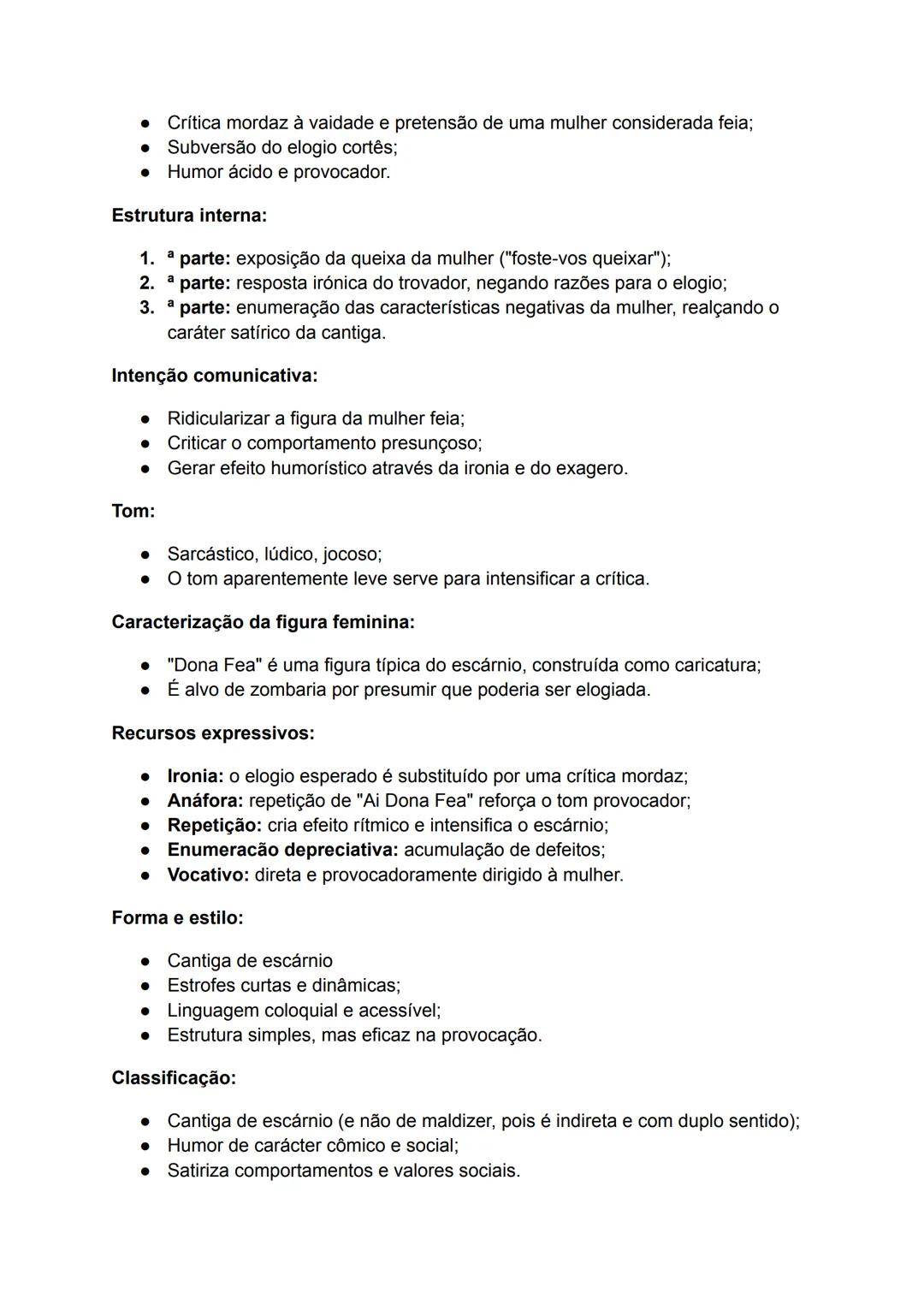 Análise de Cantigas de Escárnio e Maldizer:
"Ai dona fea foste-vos queixar"
Assunto:
Nesta cantiga satírica, o trovador dirige-se a uma mulh