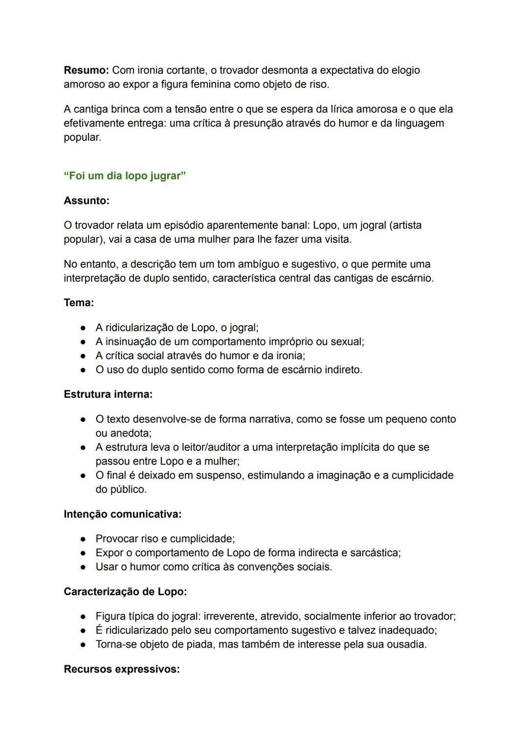 Análise de Cantigas de Escárnio e Maldizer:
"Ai dona fea foste-vos queixar"
Assunto:
Nesta cantiga satírica, o trovador dirige-se a uma mulh