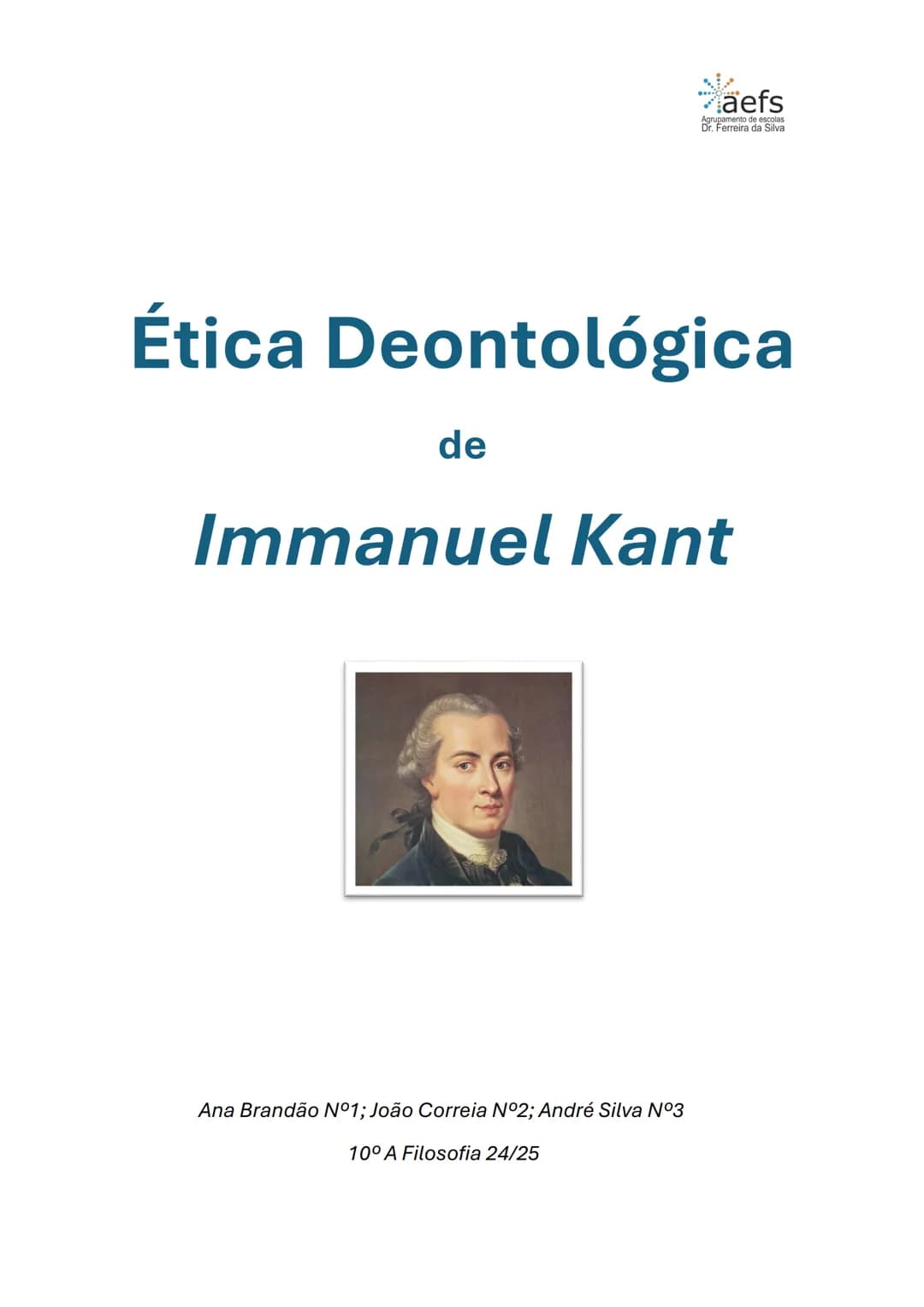 # Ética Deontológica
de
*Immanuel Kant*

Ana Brandão N⁰1; João Correia N⁰2; André Silva N⁰3

10⁰ A Filosofia 24/25 Introdução
Este trabalho 