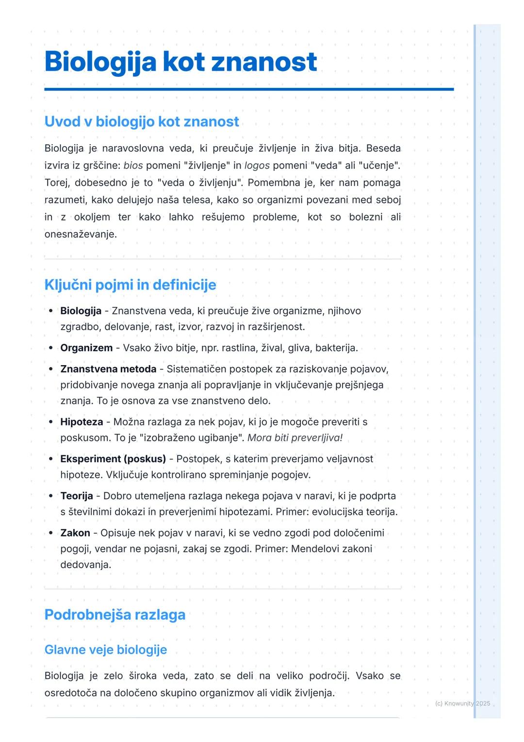 # Biologija kot znanost

Uvod v biologijo kot znanost

Biologija je naravoslovna veda, ki preučuje življenje in živa bitja. Beseda
izvira iz