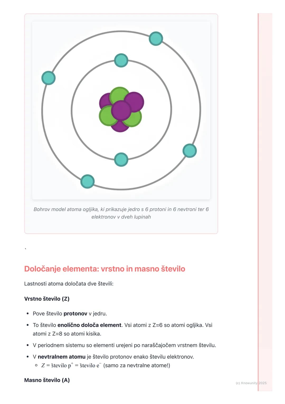 # Zgradba atoma

## Osnove zgradbe atoma

Atom je osnovni gradnik snovi. Vse okoli nas je sestavljeno iz atomov. Zgradba
atoma določa, kako 