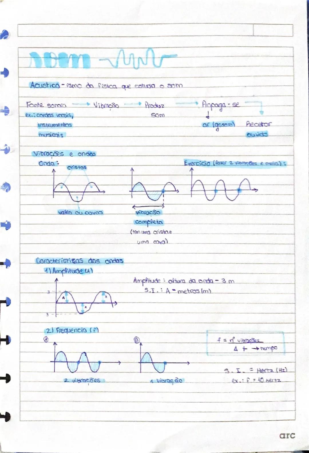 Acustica-ramo da fisica que estuda o som

Fonte sonora $\rightarrow$ Vibração $\rightarrow$ Produz $\rightarrow$ Propaga-se $\searrow$
ex: c