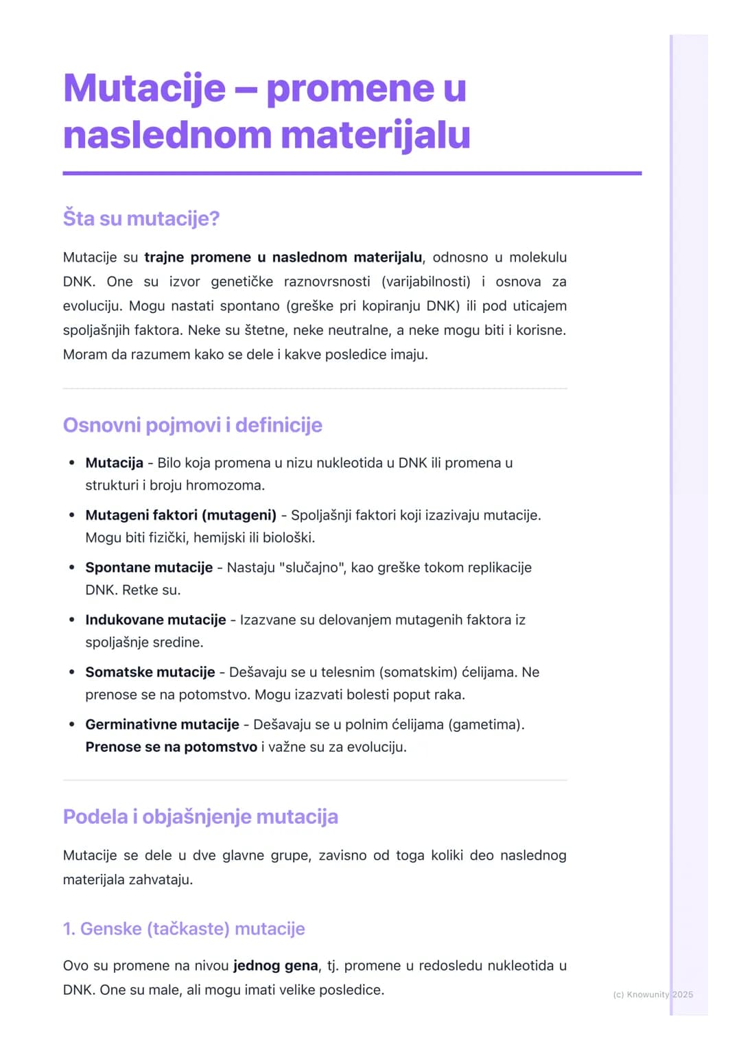 # Mutacije - promene u
naslednom materijalu

Šta su mutacije?

Mutacije su trajne promene u naslednom materijalu, odnosno u molekulu
DNK. On