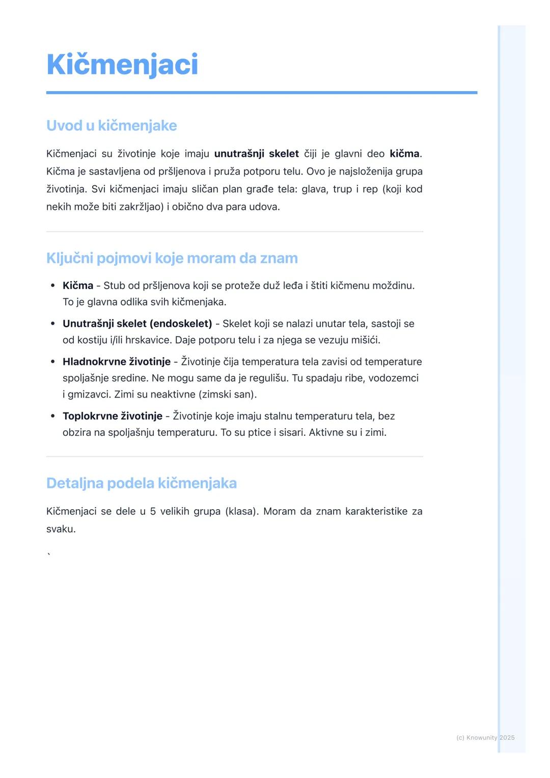 # Kičmenjaci

Uvod u kičmenjake

Kičmenjaci su životinje koje imaju unutrašnji skelet čiji je glavni deo kičma.
Kičma je sastavljena od pršl