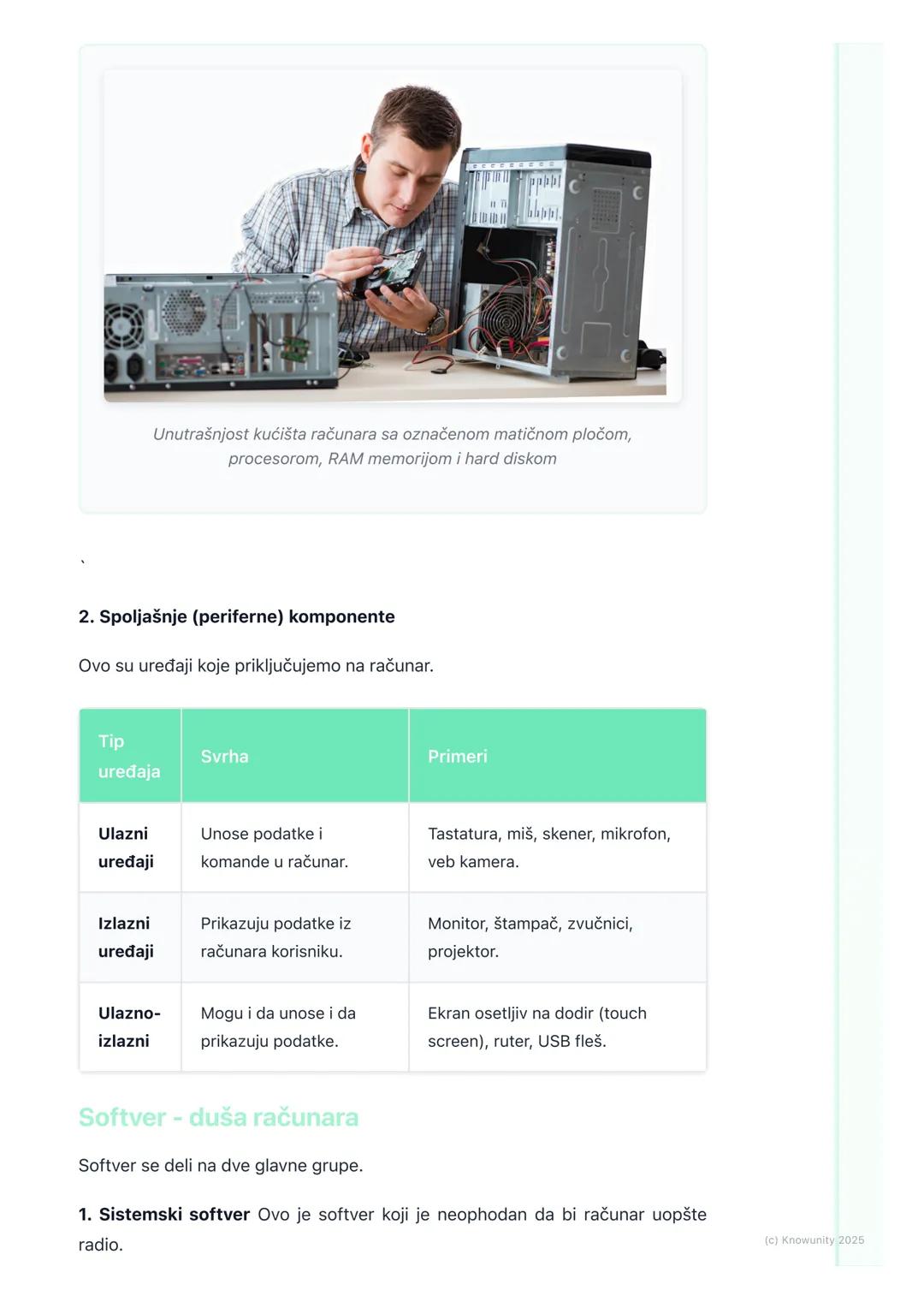 # Hardver i softver računara

Uvod u hardver i softver

Računar se sastoji iz dva osnovna dela: hardvera i softvera. Ne mogu da rade
jedan b