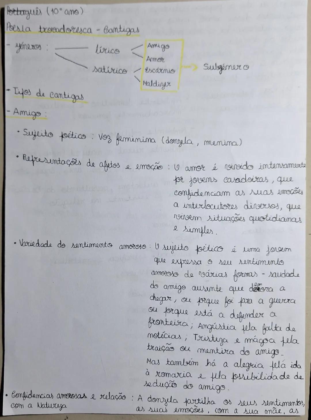 Português (10° ano)

Poesia trovadoresca - Cantigas

yéneros:
- lírico
  - Amigo
- satírico
  - Amer
  - Escármio
  - Maldizer
Subgéner o

-