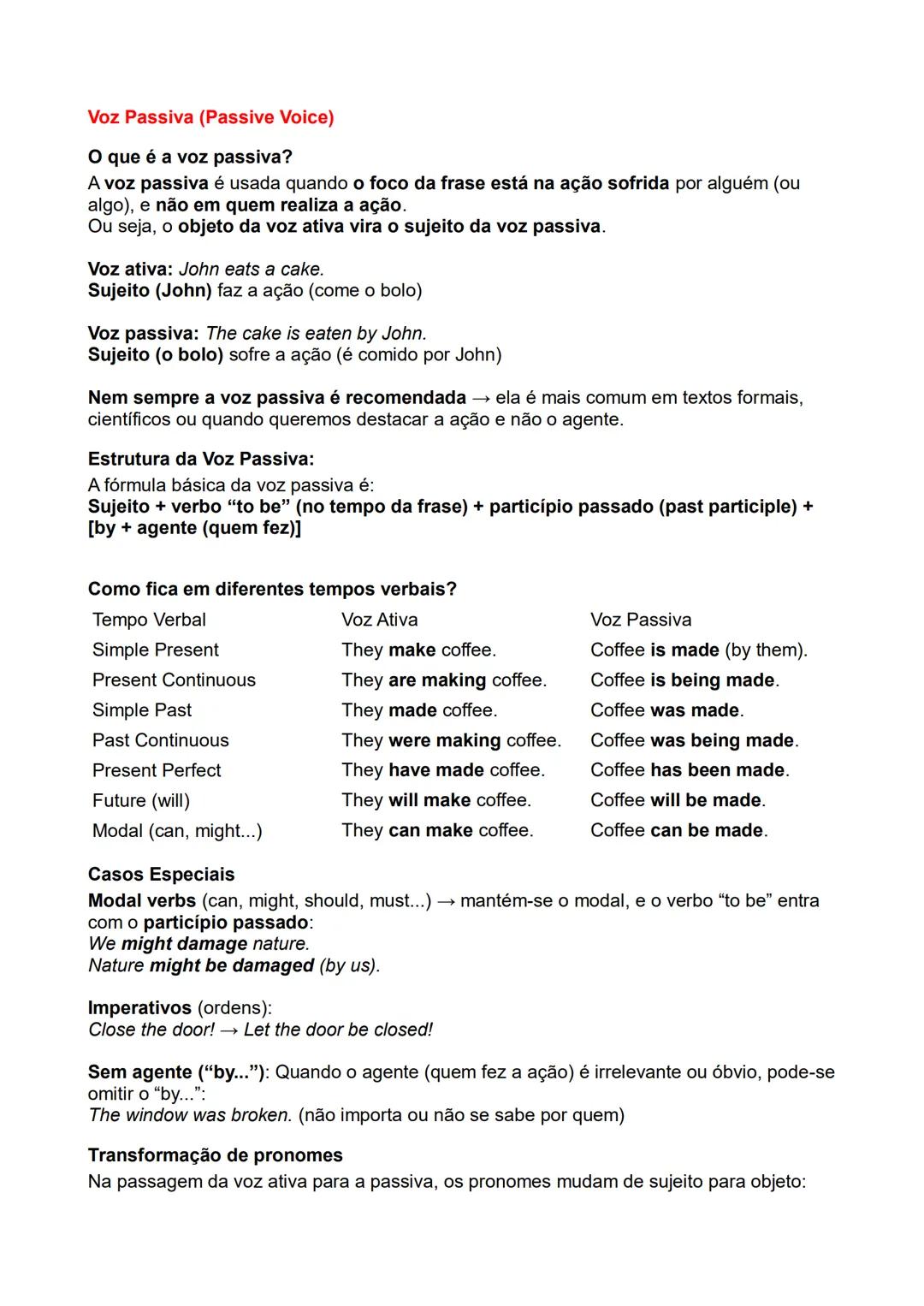 Voz Passiva (Passive Voice)
O que é a voz passiva?
A voz passiva é usada quando o foco da frase está na ação sofrida por alguém (ou
algo), e