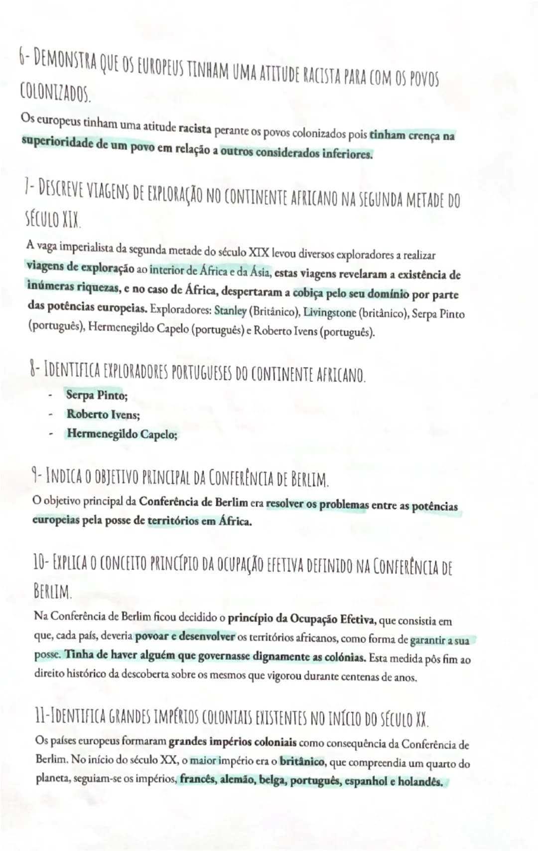 # Resumos de
# HISTÓRIA
1-EXPLICAR AS RAZÕES PELAS QUAIS A EUROPA DOMINAVA OS POVOS COLONIZADOS.
Nos finais do século XIX, a Europa exercia 