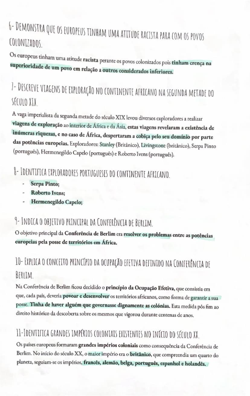 # Resumos de
# HISTÓRIA
1-EXPLICAR AS RAZÕES PELAS QUAIS A EUROPA DOMINAVA OS POVOS COLONIZADOS.
Nos finais do século XIX, a Europa exercia 