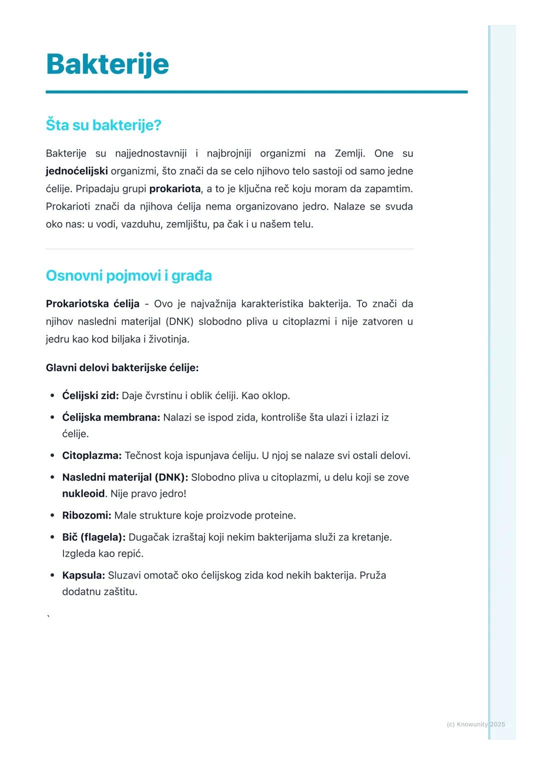 # Bakterije

## Šta su bakterije?

Bakterije su najjednostavniji i najbrojniji organizmi na Zemlji. One su
ejdnoćelijski organizmi, što znač
