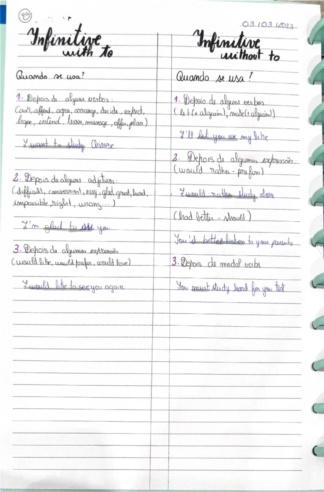 # inglês

Simple present

siluacões permanentes.
"I live in Marco"

Hábitos, rotims
"We go to abed during the week"

Horários
"The bus leave