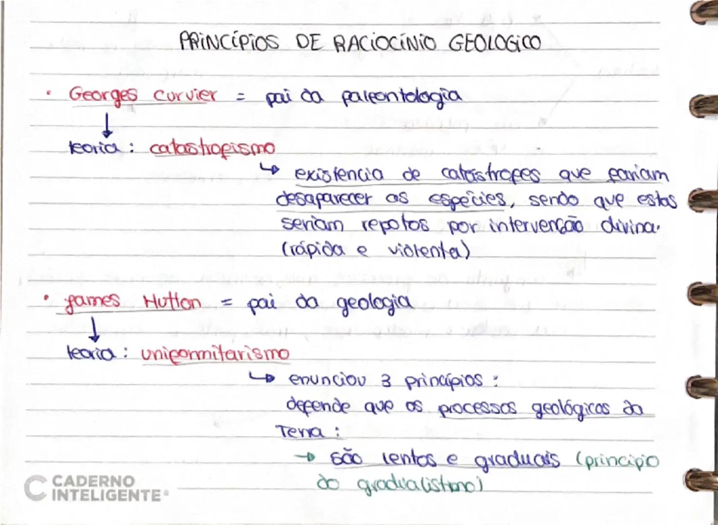 # PRINCÍPIOS DE RACIOCÍNIO GEOLÓGICO

- Georges Cuvier = pai da paleontologia

↓
teoria : catastrofismo

  ↓
→ existência de catástrofes que