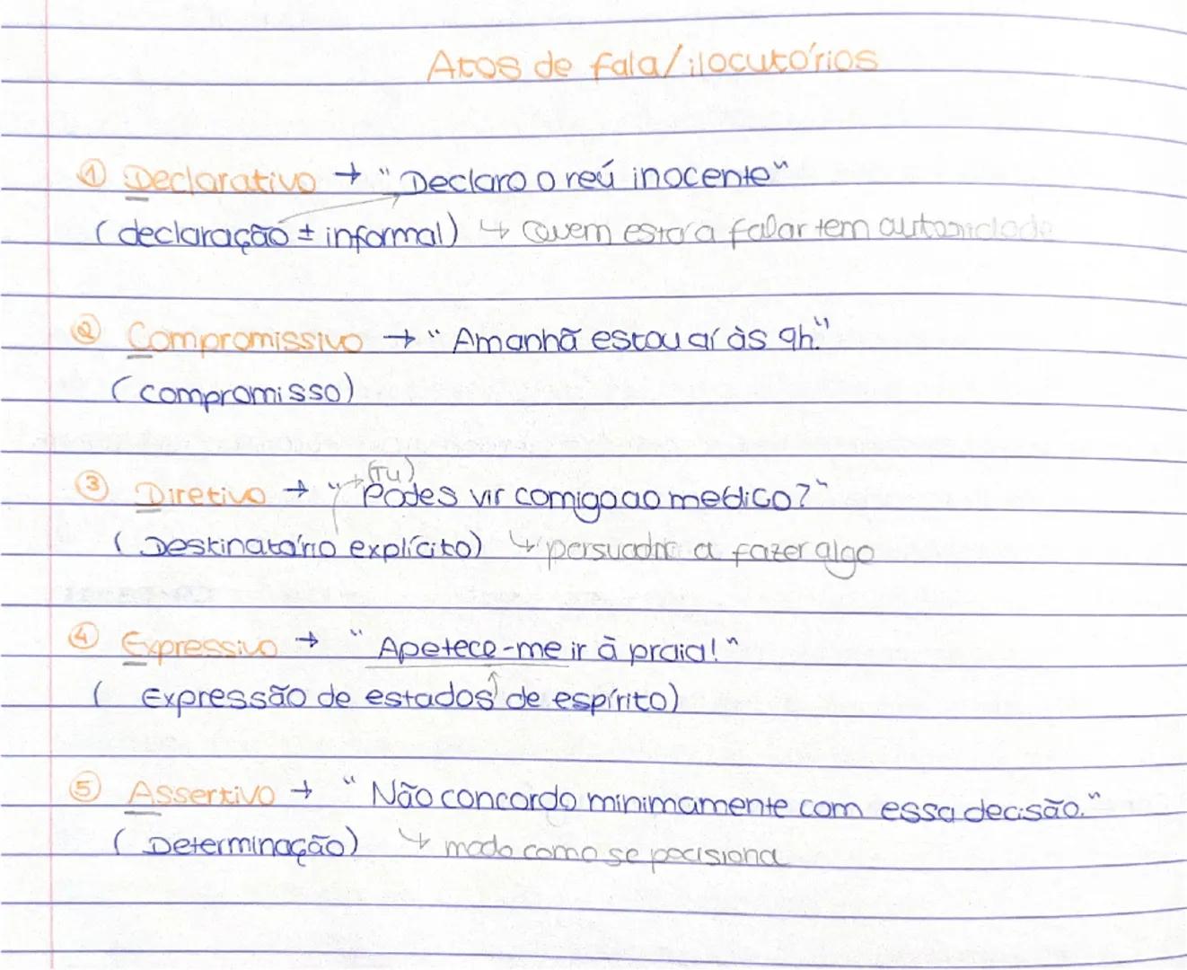 Atos de fala/¡locutorios

① Declarativo "Declaro o reú inocente"
(declaração informal) 4 Quem estora falar tem autoridade

Compromissivo "Am