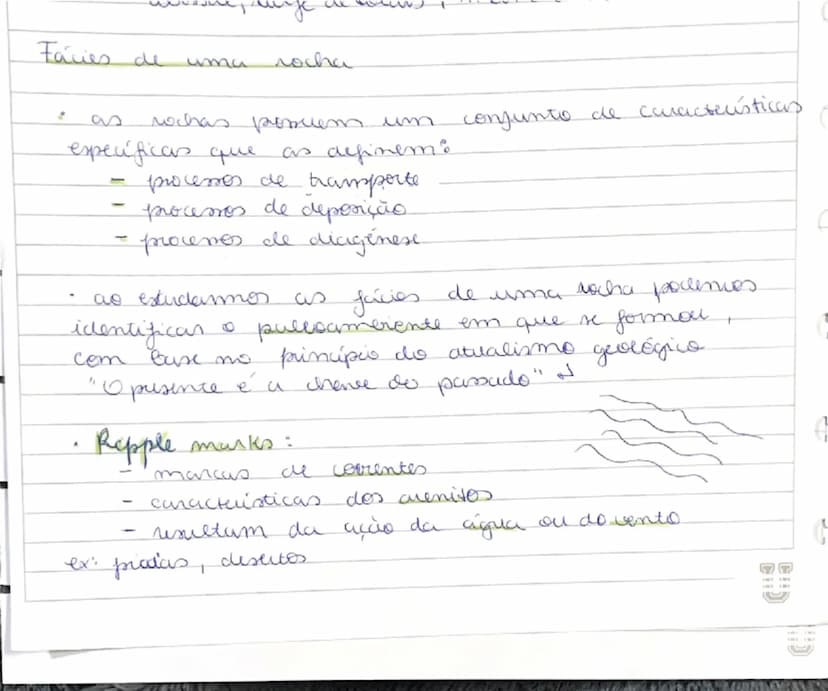 # Fâcies de uma rocha

- as rochas possuem um conjunto de características específicas que as definem:
  - processos de transporte
  - proces