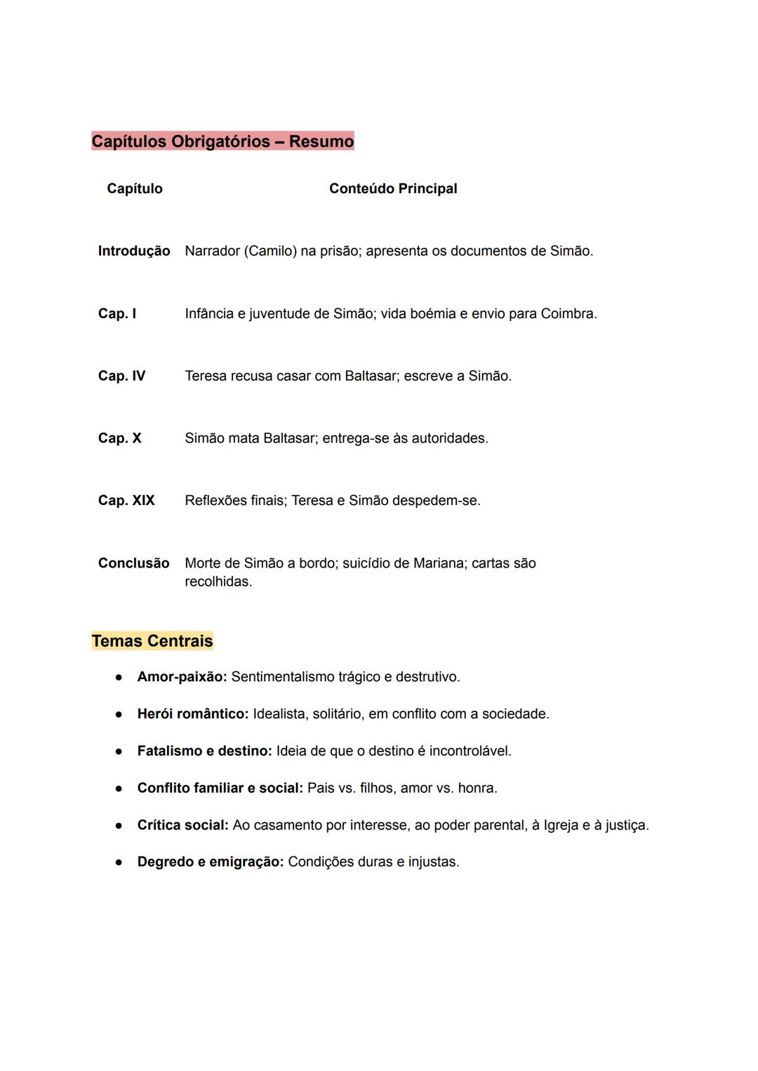 # Amor de Perdição (Camilo Castelo Branco)

## Contextualização Histórico-Literária

* Época Literária: Romantismo português (2.ª geração).
