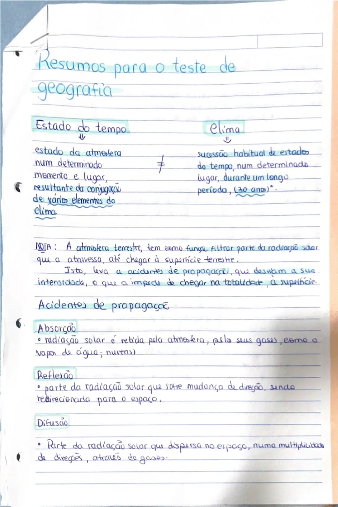T
# Resumos para o teste de
# geografia

## Estado do tempo

estado da atmosfera
num determinado
momento e lugar,
resultante da conjugakako
