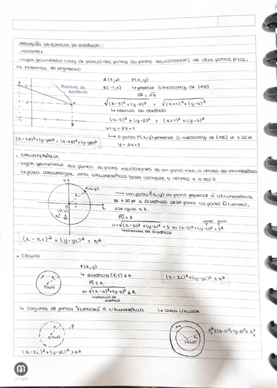 --- OCR Start ---
MAT
PONTO MEDIO
($\frac{XA+XB}{2};\frac{YA+VB}{2}$)
A
(x,y~n)
M
(x3;48)
• Equaças Reduzida da circunferência
($x-3)^{2}+(y