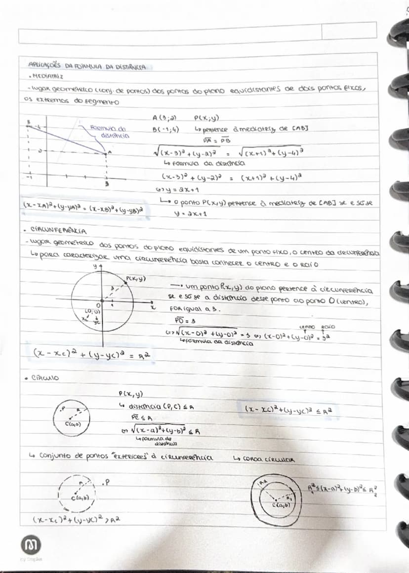 --- OCR Start ---
MAT
PONTO MEDIO
($\frac{XA+XB}{2};\frac{YA+VB}{2}$)
A
(x,y~n)
M
(x3;48)
• Equaças Reduzida da circunferência
($x-3)^{2}+(y