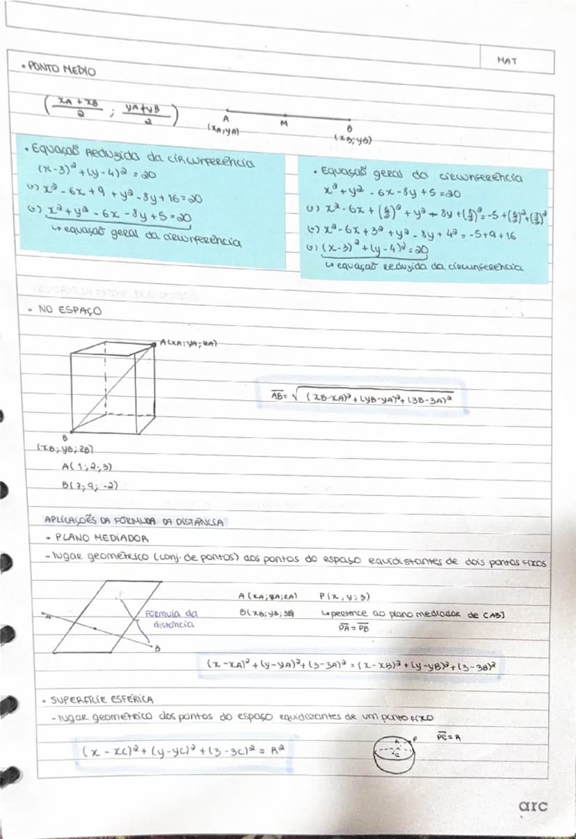 --- OCR Start ---
MAT
PONTO MEDIO
($\frac{XA+XB}{2};\frac{YA+VB}{2}$)
A
(x,y~n)
M
(x3;48)
• Equaças Reduzida da circunferência
($x-3)^{2}+(y