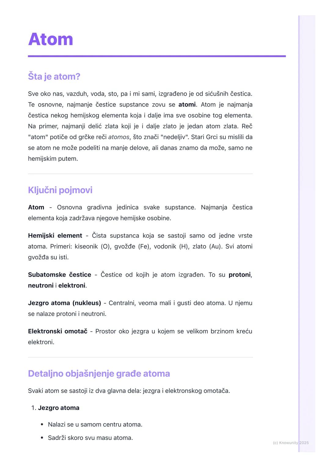 # Atom

Šta je atom?

Sve oko nas, vazduh, voda, sto, pa i mi sami, izgrađeno je od sićušnih čestica.
Te osnovne, najmanje čestice supstance